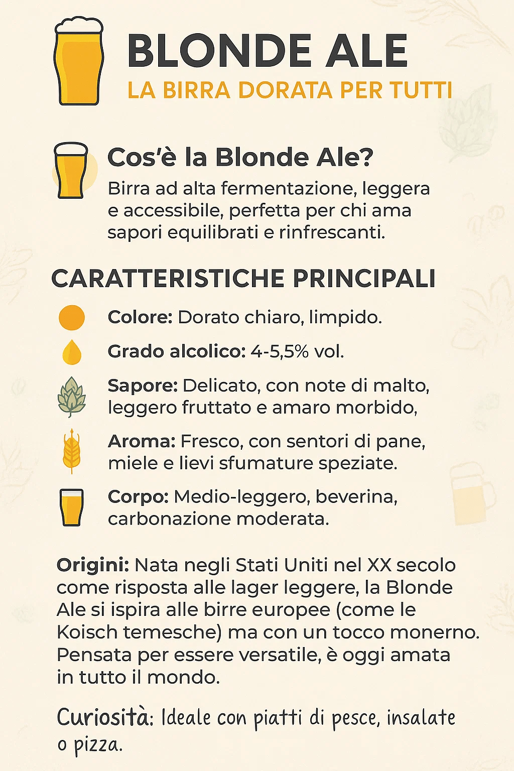 Blonde Ale: cos'è, caratteristiche e origini - Infografica sulle caratteristiche e origini della birra Blonde Ale