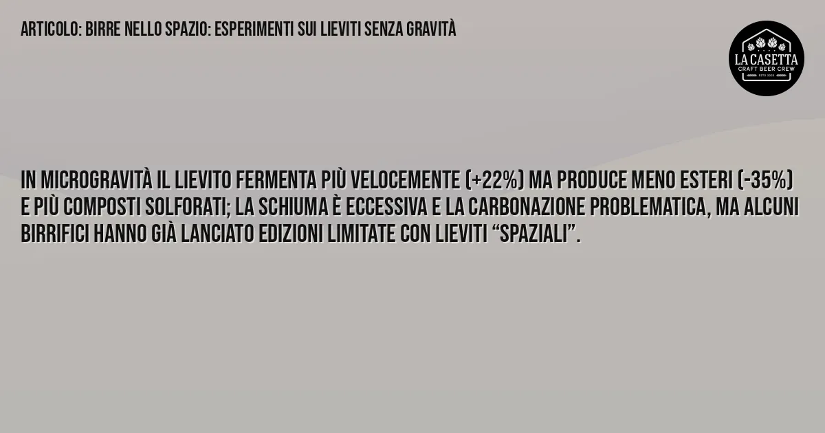 Sintesi TL;DR: Birre nello spazio: esperimenti sui lieviti senza gravità Sintesi TL;DR: Birre nello spazio: esperimenti sui lieviti senza gravità