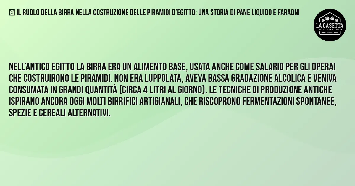 Sintesi TL;DR: Il ruolo della birra nella costruzione delle piramidi d’egitto: una storia di pane liquido e faraoni Sintesi TL;DR: Il ruolo della birra nella costruzione delle piramidi d’egitto: una storia di pane liquido e faraoni