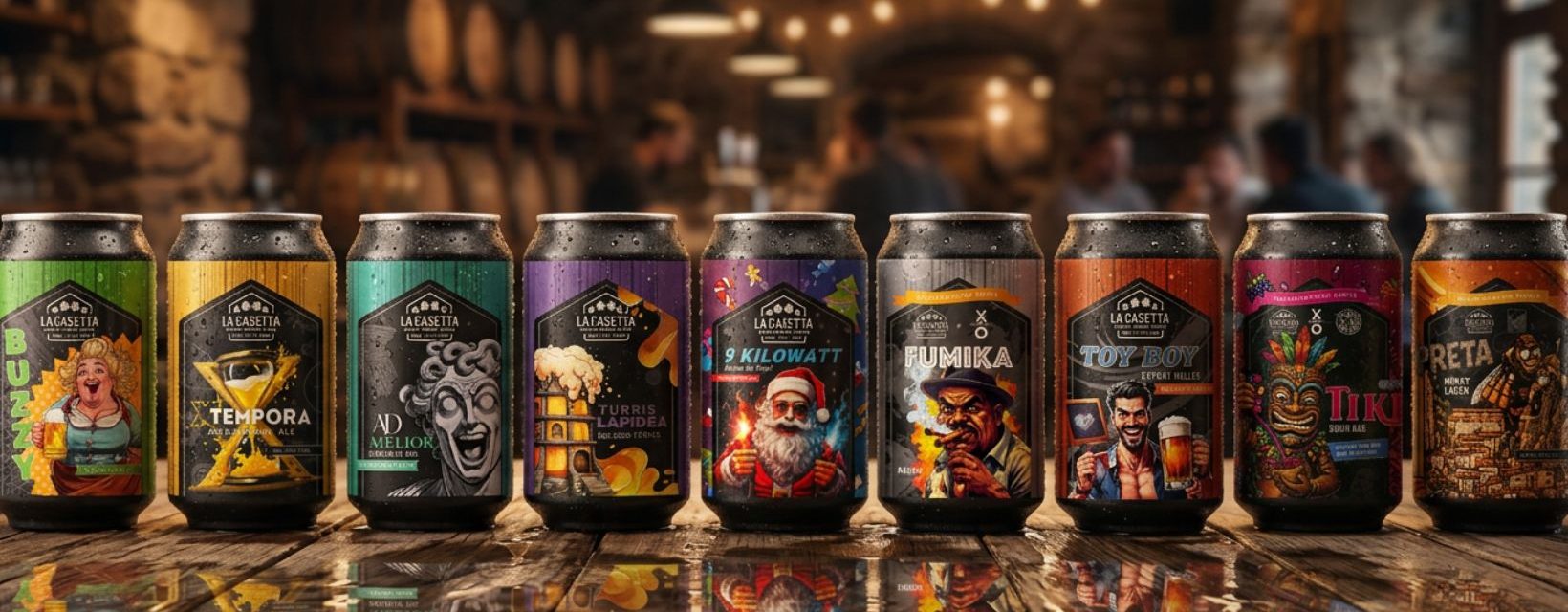 Tutte le birre La Casetta Craft Beer Crew in fila su un bancone