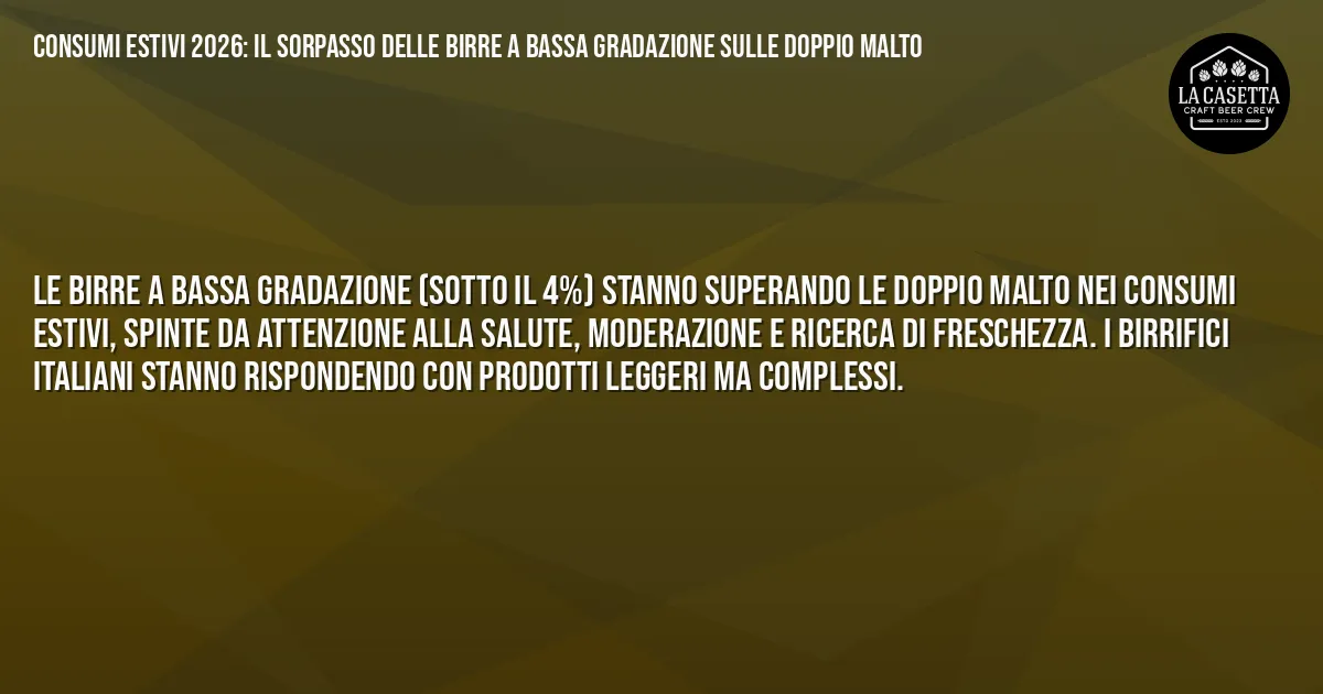 Sintesi TL;DR: Consumi estivi 2026: il sorpasso delle birre a bassa gradazione sulle Doppio Malto Sintesi TL;DR: Consumi estivi 2026: il sorpasso delle birre a bassa gradazione sulle Doppio Malto