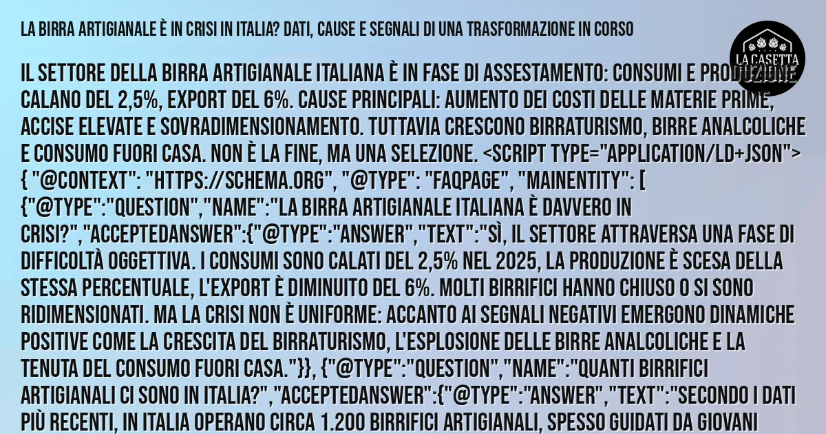 Sintesi TL;DR: La Birra Artigianale è in Crisi in Italia? Dati, Cause e Segnali di una Trasformazione in Corso Sintesi TL;DR: La Birra Artigianale è in Crisi in Italia? Dati, Cause e Segnali di una Trasformazione in Corso