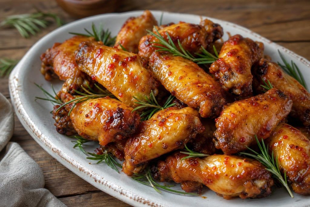 Alette di pollo alla birra glassate al miele e peperoncino su un piatto