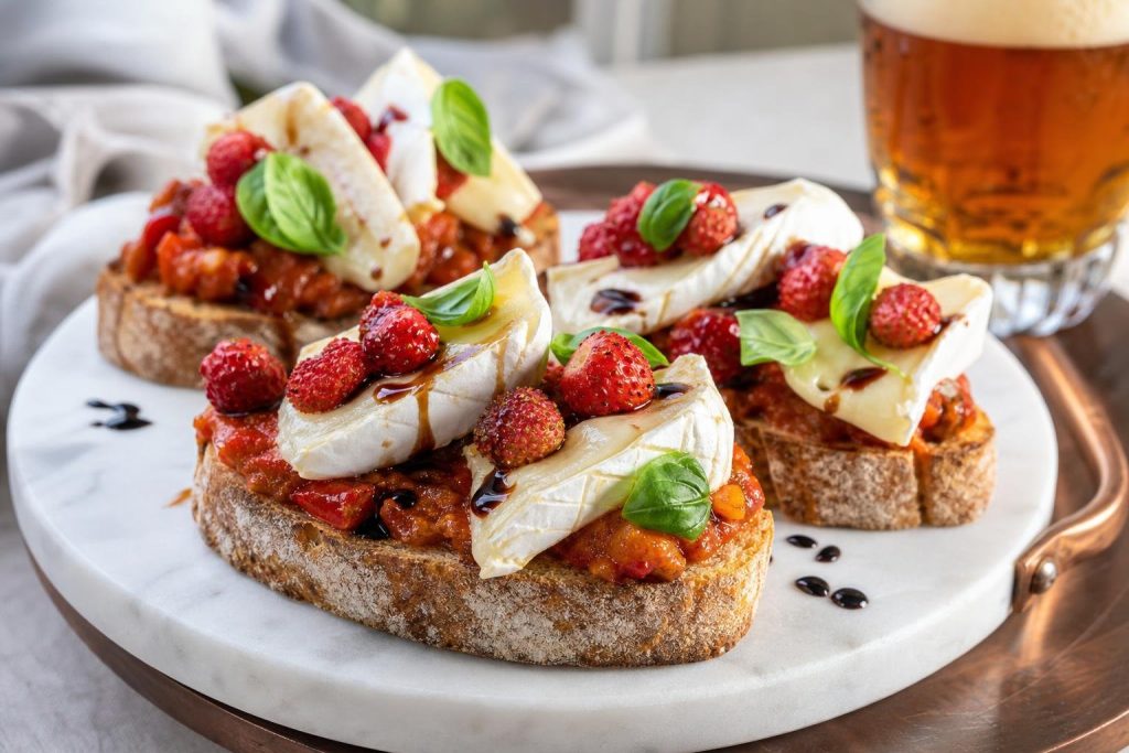 Crostoni con peperoni alla birra ambrata, robiola di bufala, basilico e fragoline di bosco