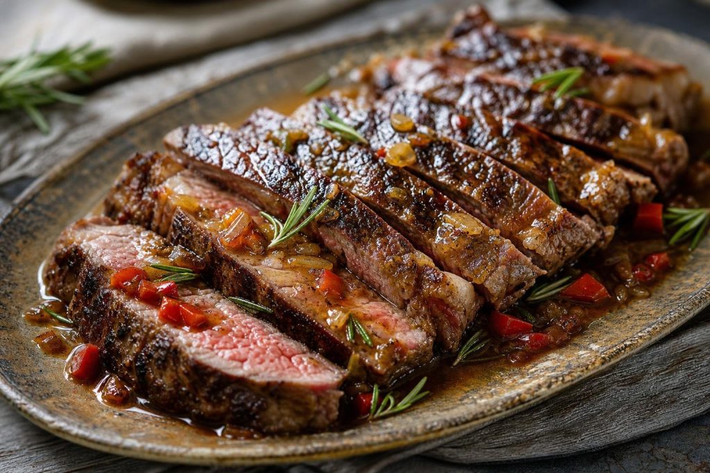 Entrecôte alla birra a fette con il fondo di cottura, peperone e rosmarino