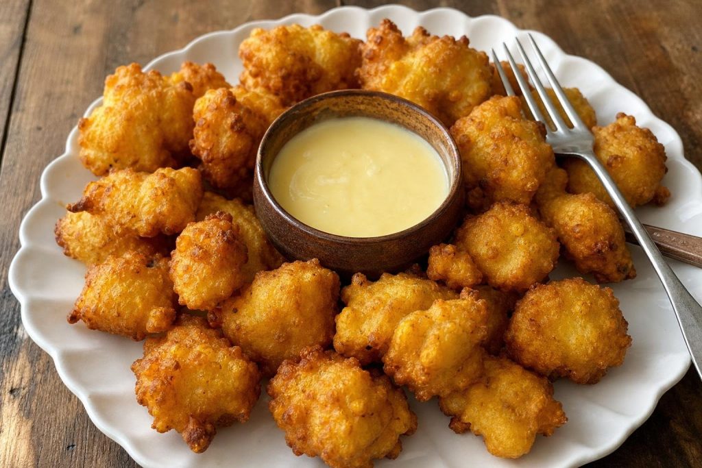 Frittelle di mais alla birra dorate con una ciotolina di fonduta di formaggio
