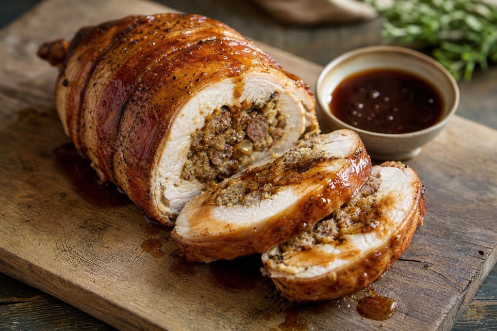 Galletto ripieno a fette con salsa alla birra alle castagne