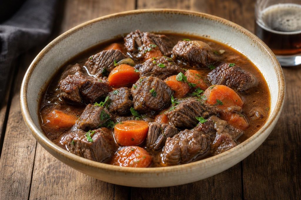Spezzatino di manzo alla birra con carote nel suo sugo