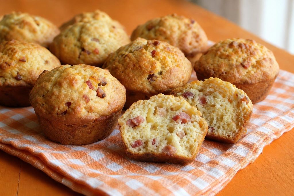 Muffin salati alla birra con pancetta, uno tagliato a metà per mostrare l'interno