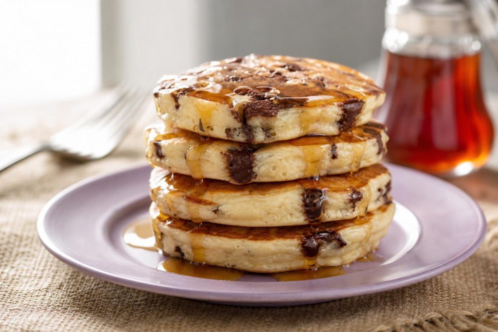 Pila di pancake alla birra con gocce di cioccolato e sciroppo d'acero