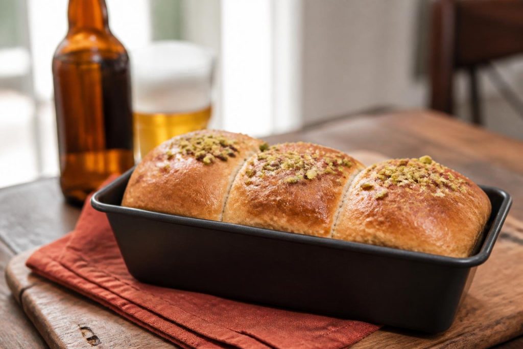 Pane alla birra cotto nello stampo da plumcake con la granella di pistacchi