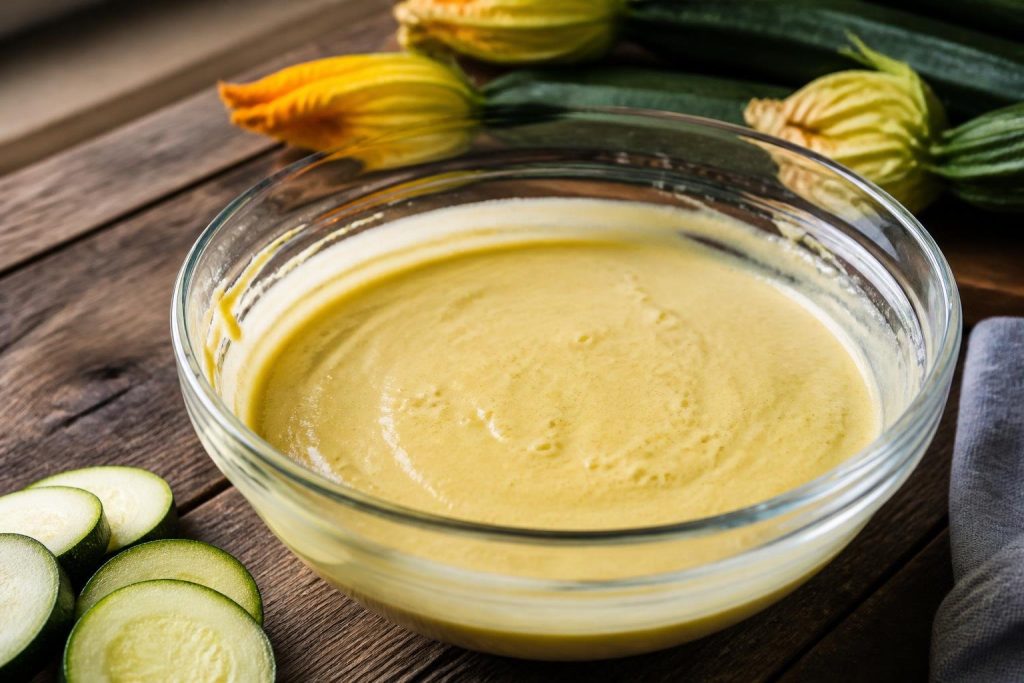 Ciotola di pastella alla birra liscia e dorata con zucchine e fiori di zucca