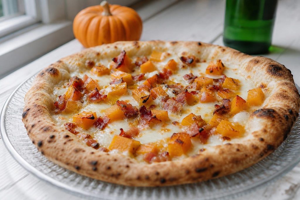 Pizza con impasto alla birra condita con zucca, pancetta e mozzarella