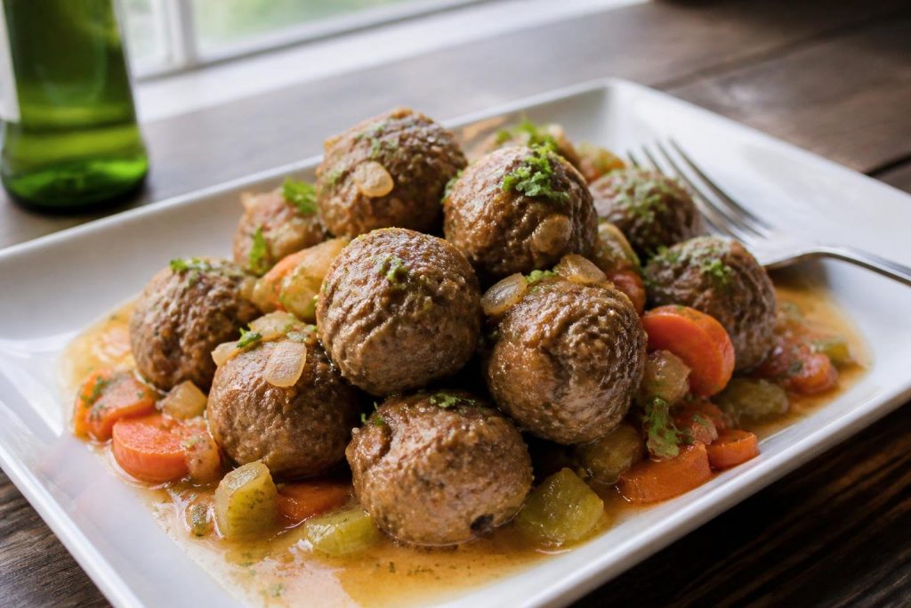 Polpette alla birra in un piatto bianco con il fondo di cottura, carote e sedano, e una bottiglia di birra sullo sfondo