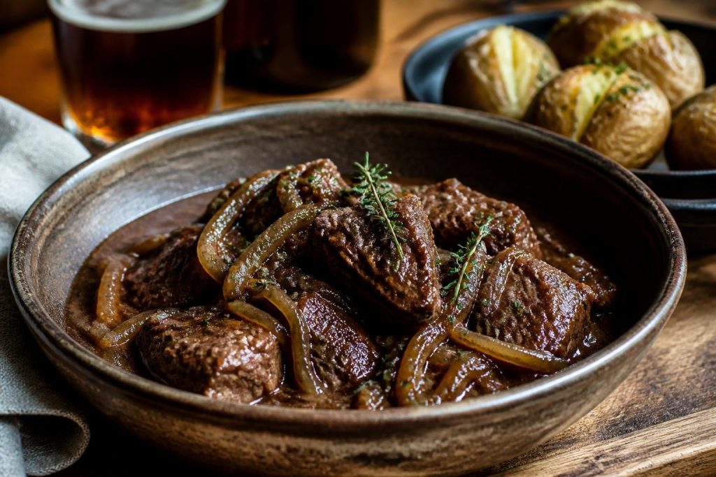 Stufato di manzo fiammingo alla birra con cipolle e patate al forno