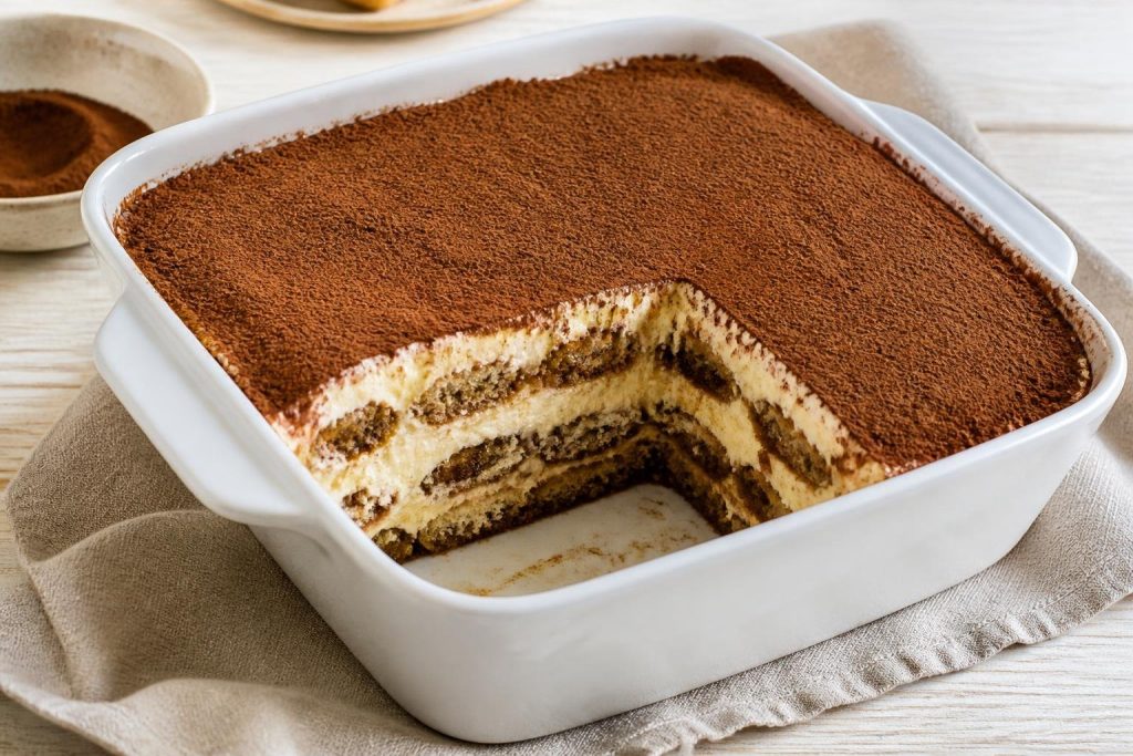 Tiramisù alla birra scura nella pirofila con una porzione tagliata e il cacao