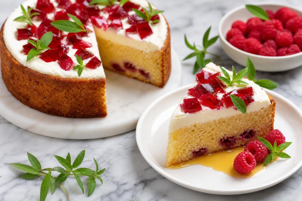 Torta paradiso con crema al formaggio, lamponi e pezzetti di gelatina alla birra, con una fetta servita