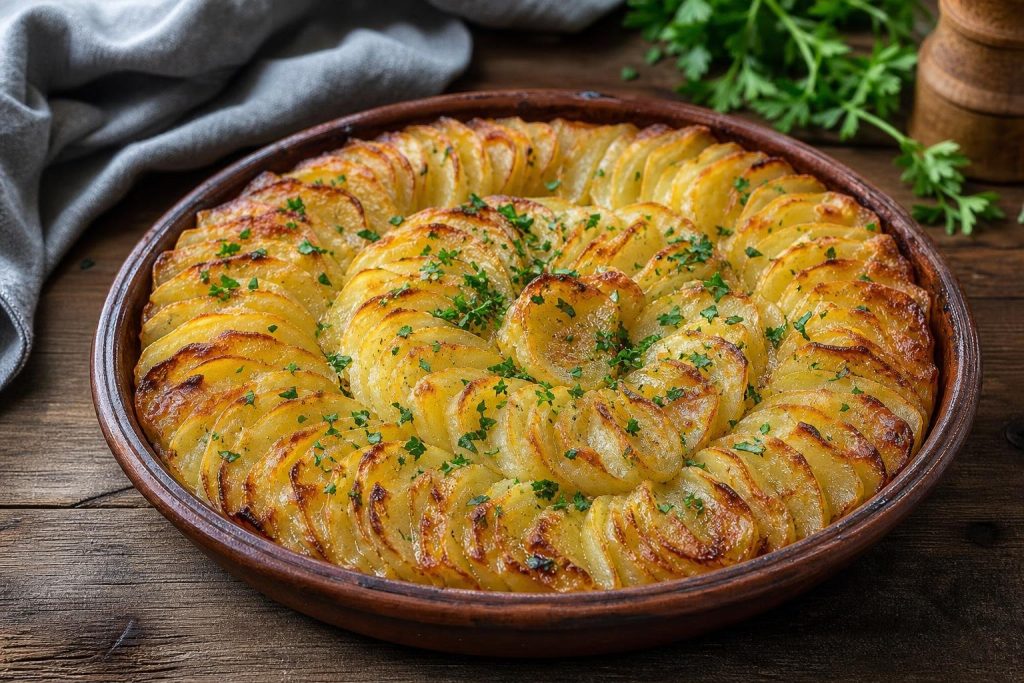 Tortino di patate e cipolla alla birra dorato nella pirofila