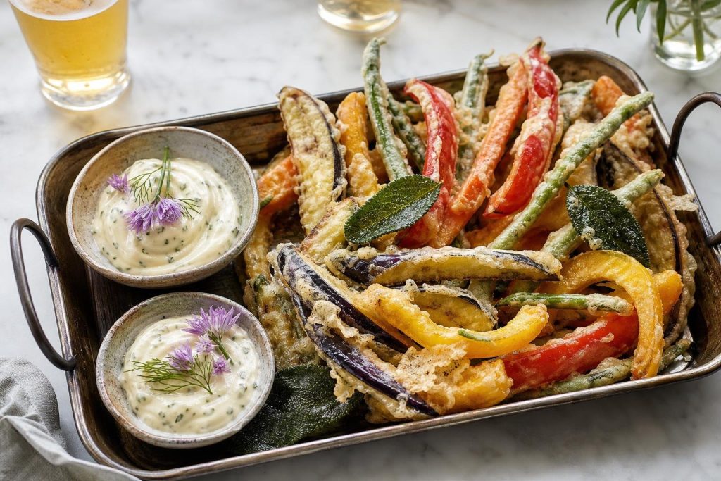 Verdure in pastella alla birra con salvia fritta e due ciotole di maionese alle erbe