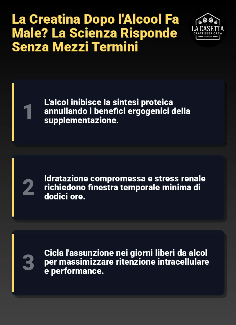 Infografica: La Creatina Dopo l'Alcool Fa Male? La Scienza Risponde Senza Mezzi Termini
