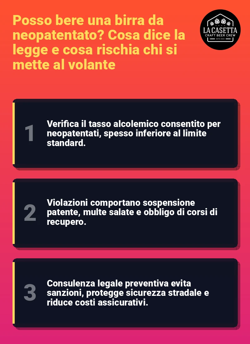 Infografica: Posso bere una birra da neopatentato? Cosa dice la legge e cosa rischia chi si mette al volante